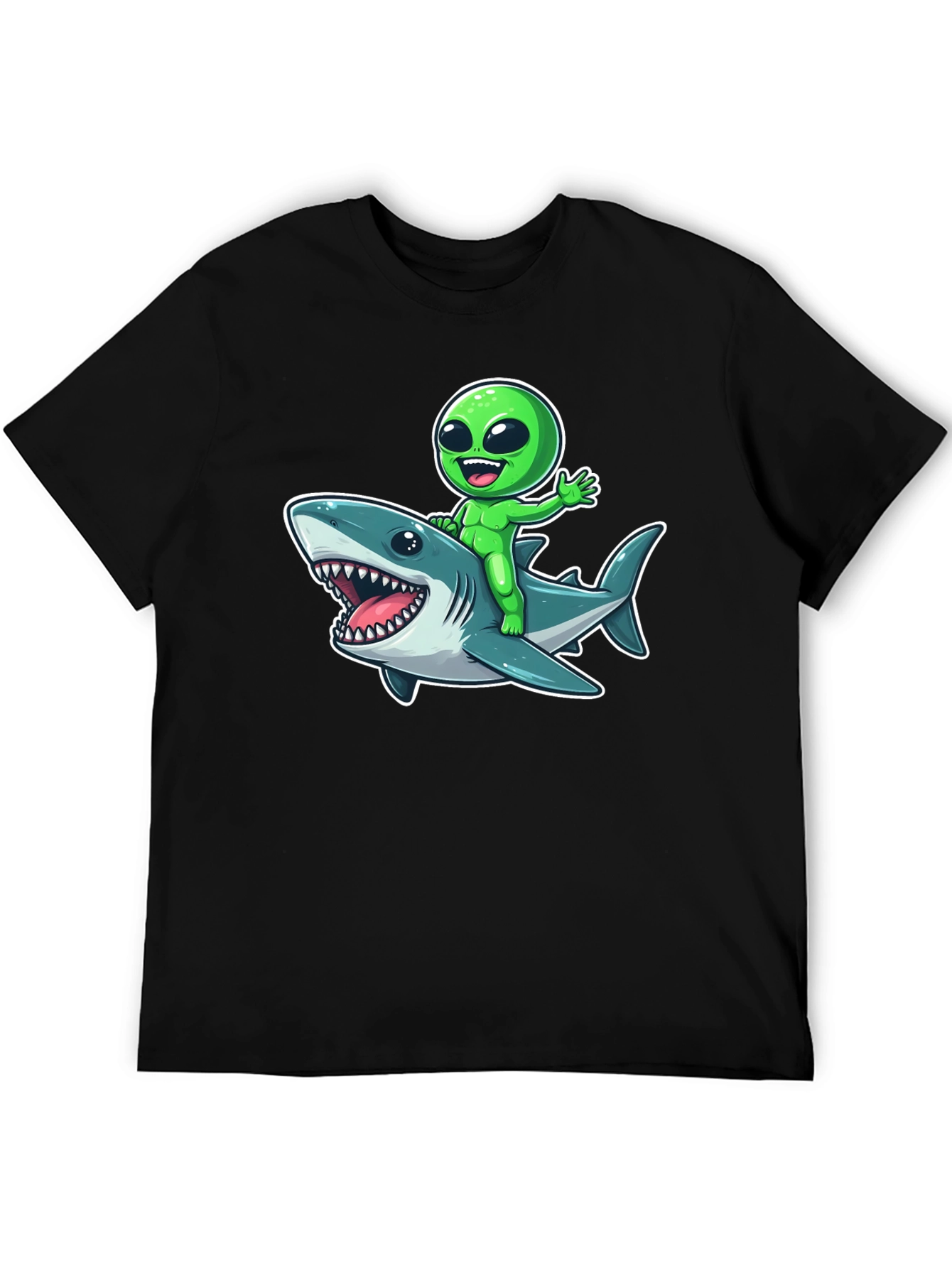 Alien Riding Shark Graphic T-Shirt - Mens Black Tee
