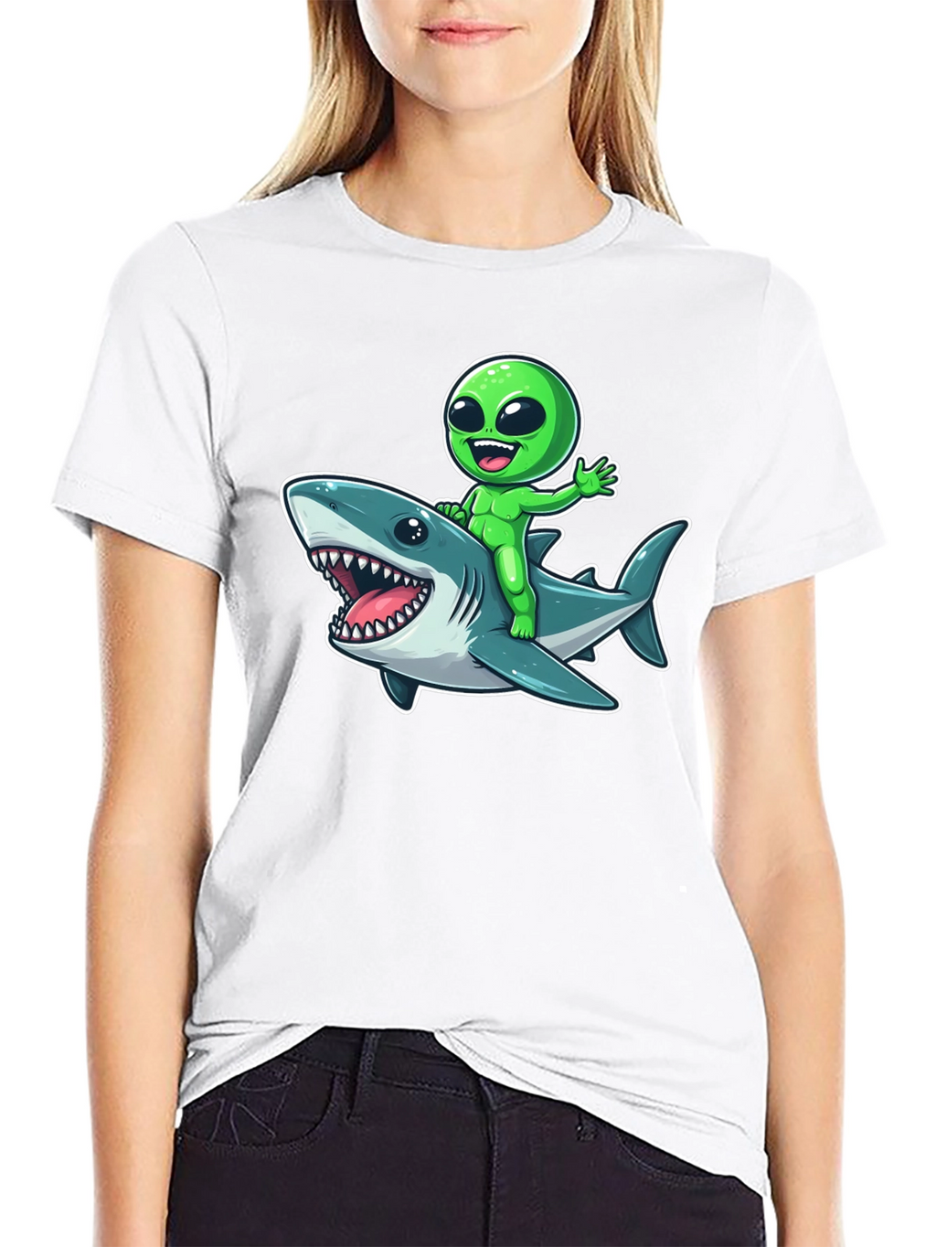 Alien Riding Shark Graphic T-Shirt - Mens Black Tee