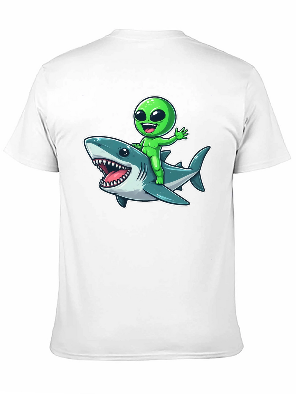 Alien Riding Shark Graphic T-Shirt - Mens Black Tee