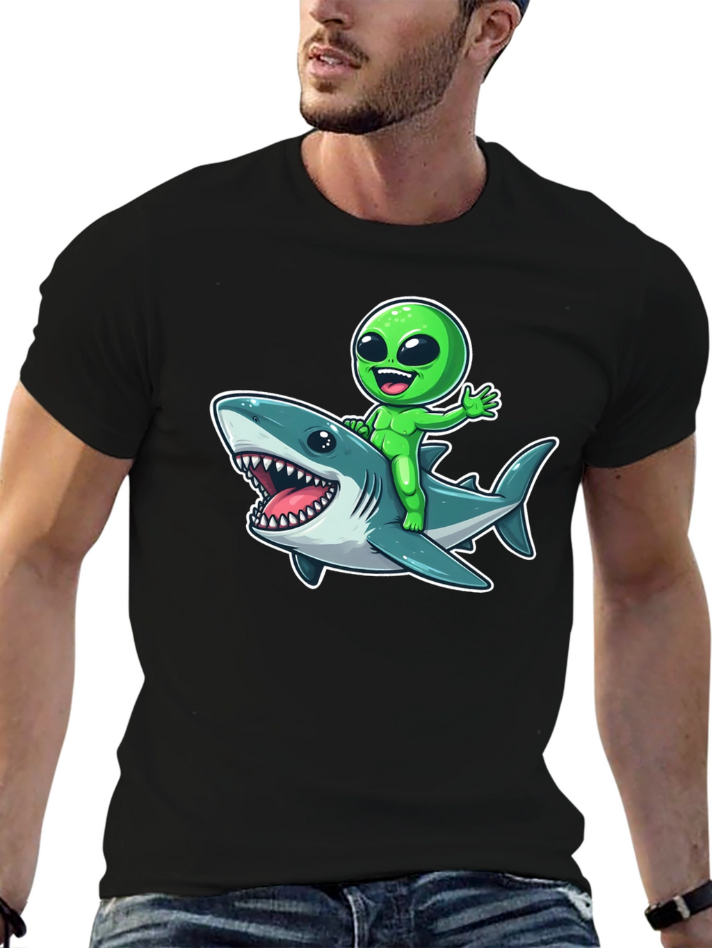 Alien Riding Shark Graphic T-Shirt - Mens Black Tee