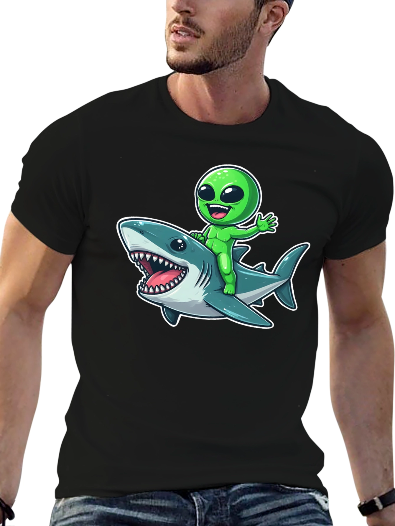Alien Riding Shark Graphic T-Shirt - Mens Black Tee