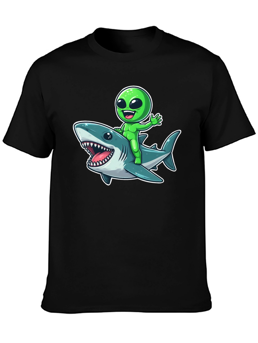 Alien Riding Shark Graphic T-Shirt - Mens Black Tee