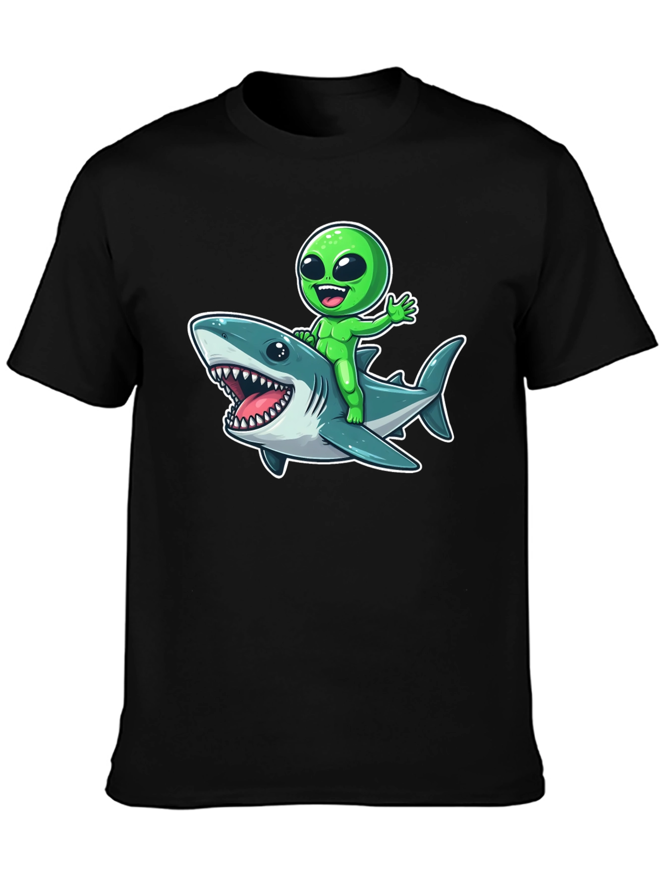 Alien Riding Shark Graphic T-Shirt - Mens Black Tee