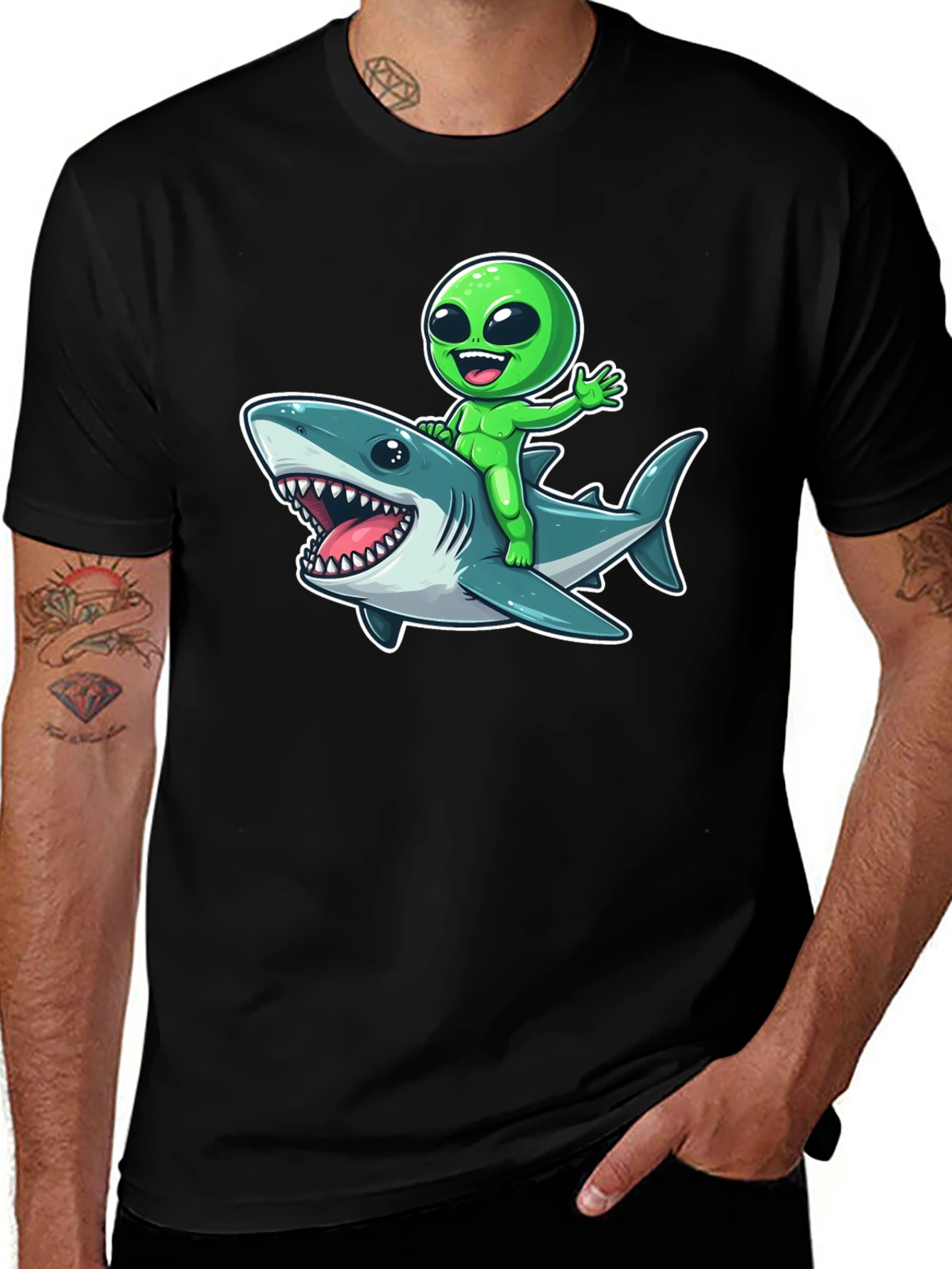 Alien Riding Shark Graphic T-Shirt - Mens Black Tee