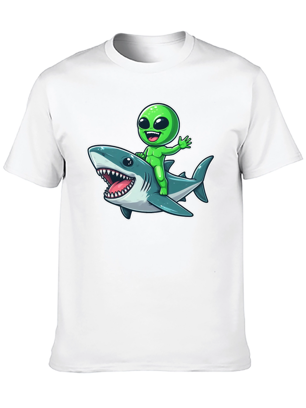 Alien Riding Shark Graphic T-Shirt - Mens Black Tee