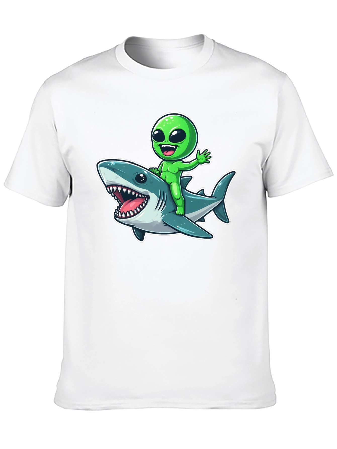 Alien Riding Shark Graphic T-Shirt - Mens Black Tee