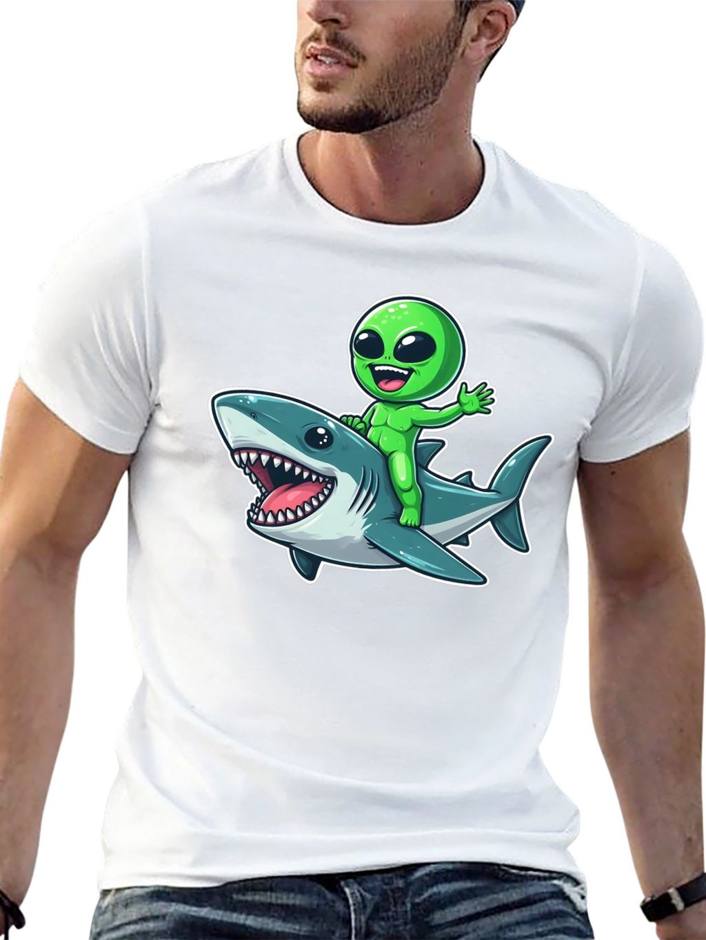 Alien Riding Shark Graphic T-Shirt - Mens Black Tee