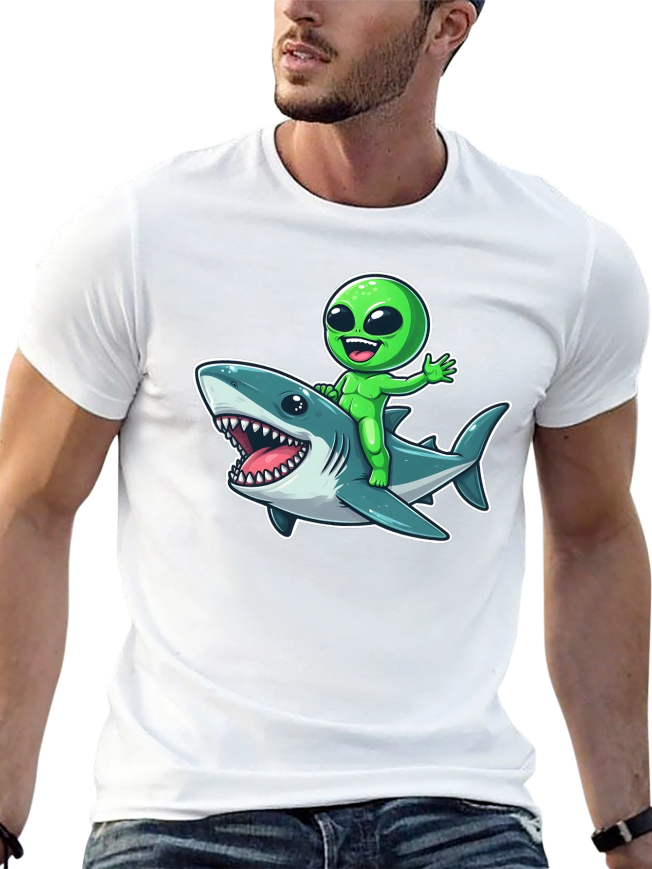 Alien Riding Shark Graphic T-Shirt - Mens Black Tee