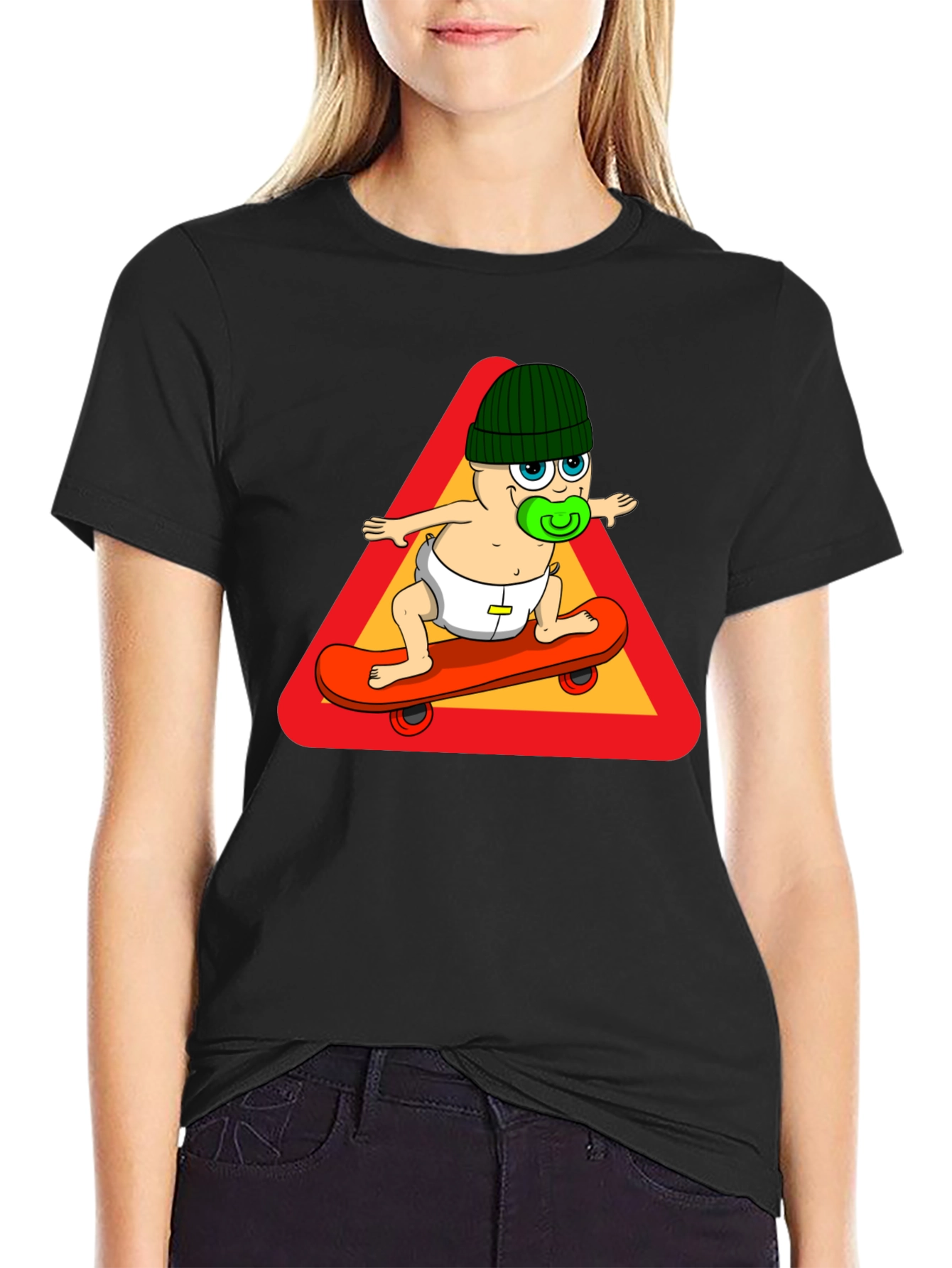 Baby on Skateboard T-Shirt - Black Cotton Tee