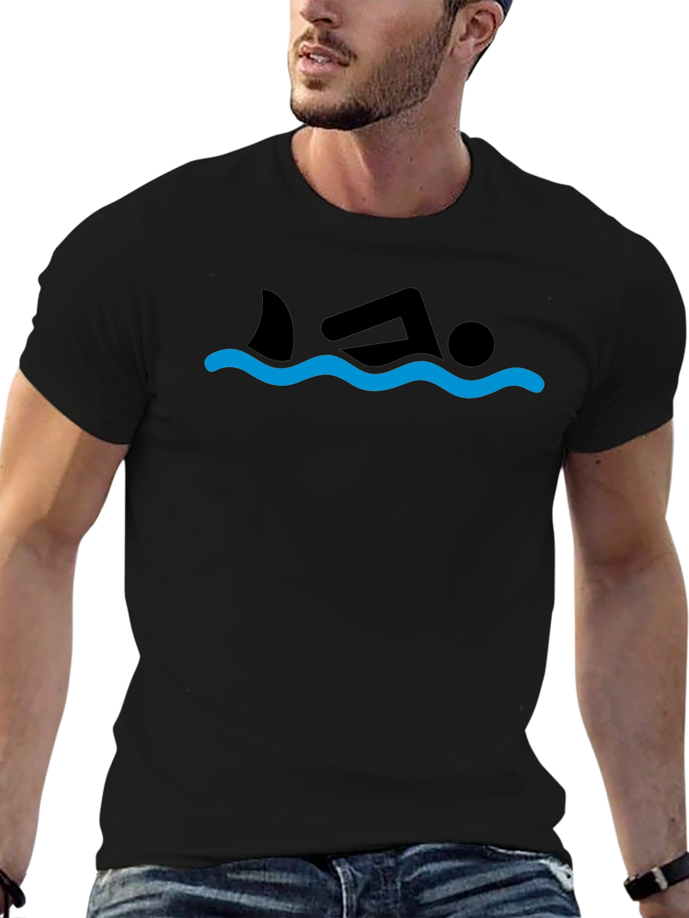 Shark Swimmer Graphic Tee - Black Cotton T-Shirt