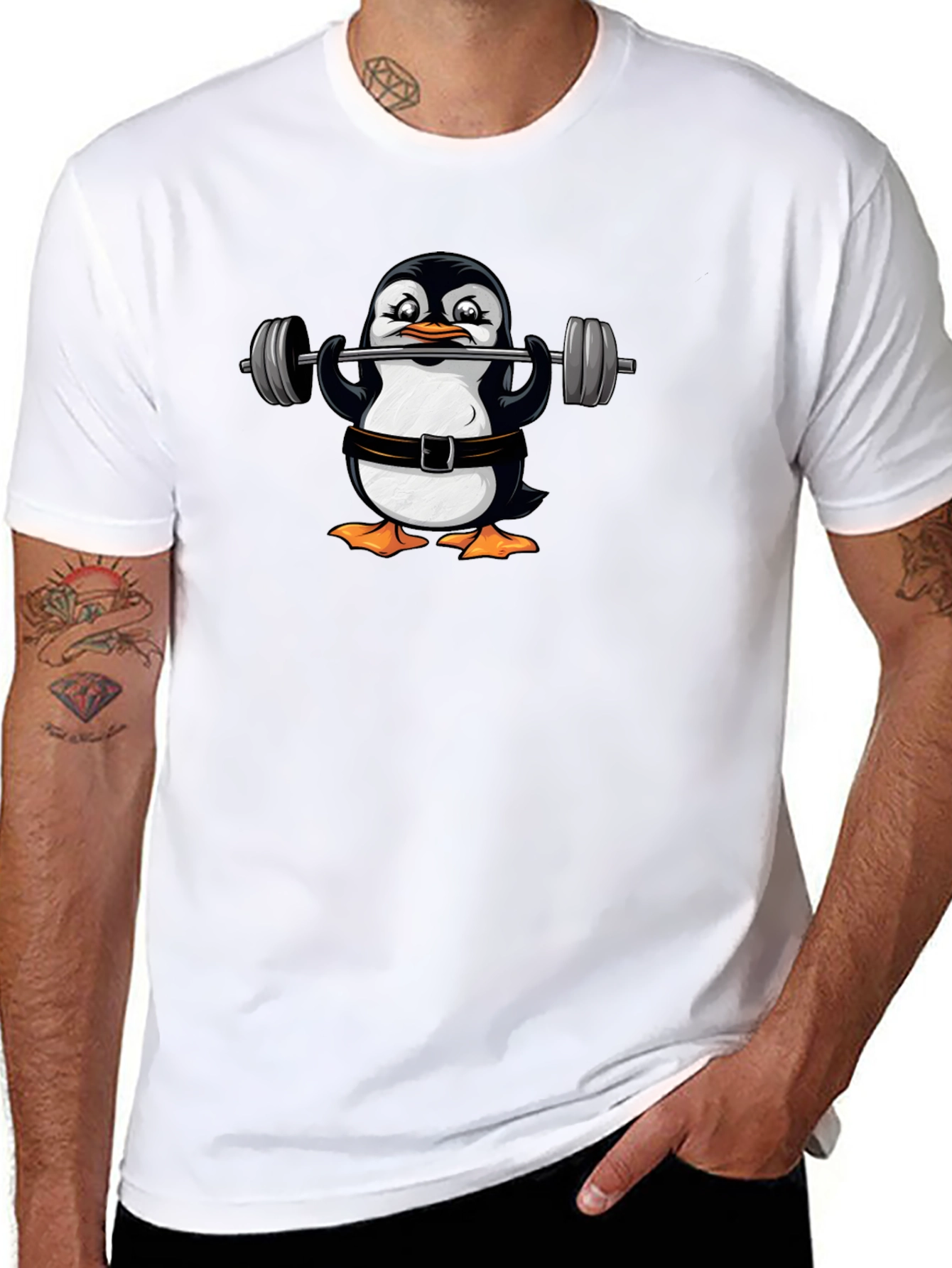 Penguin Lifting Weights Graphic T-Shirt