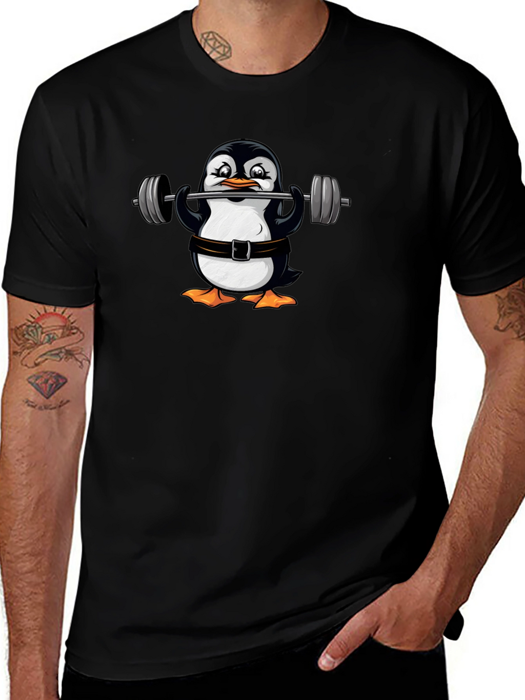 Penguin Lifting Weights Graphic T-Shirt