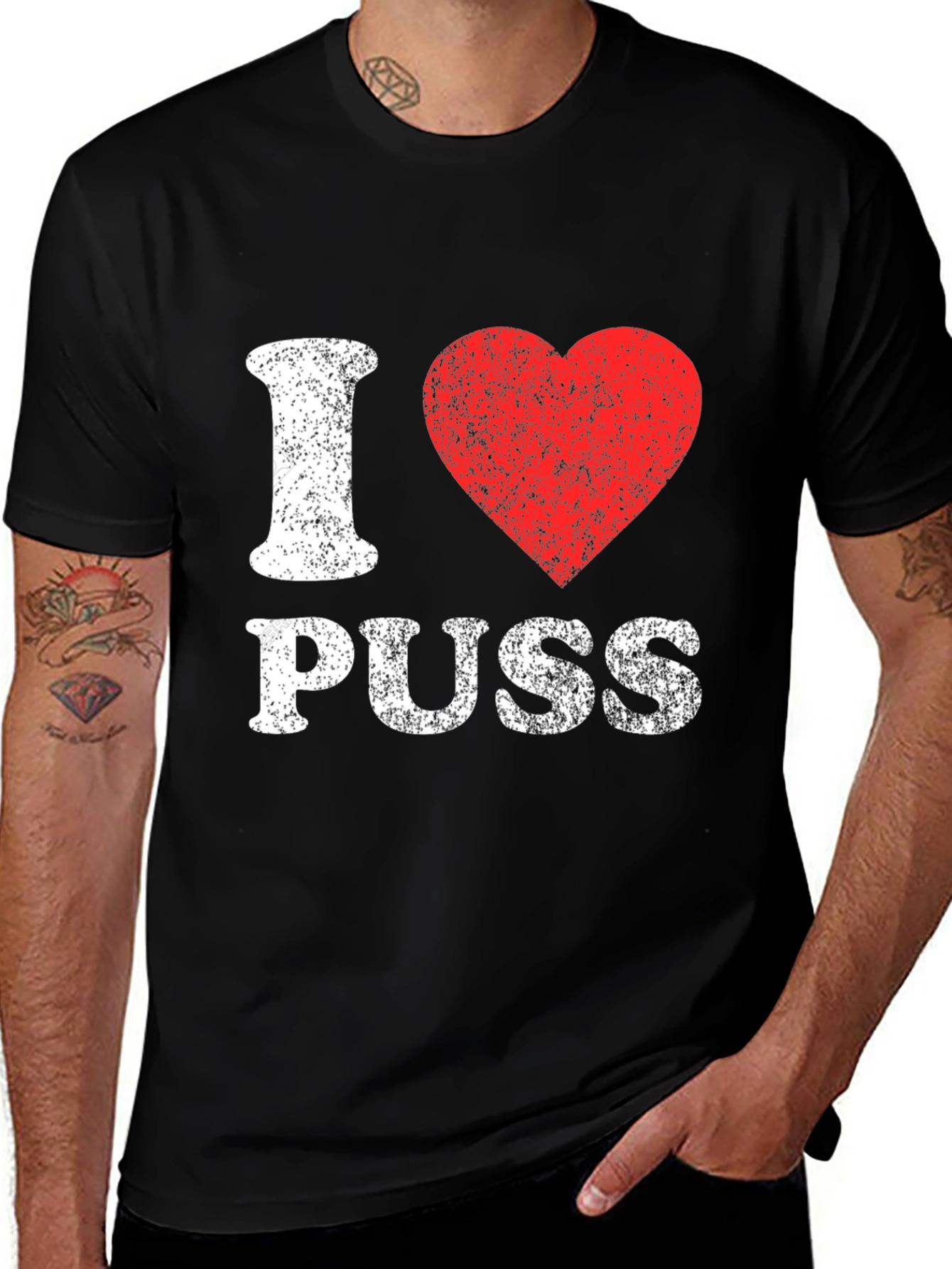 I Love Puss Graphic Tee - Black Cotton T-Shirt