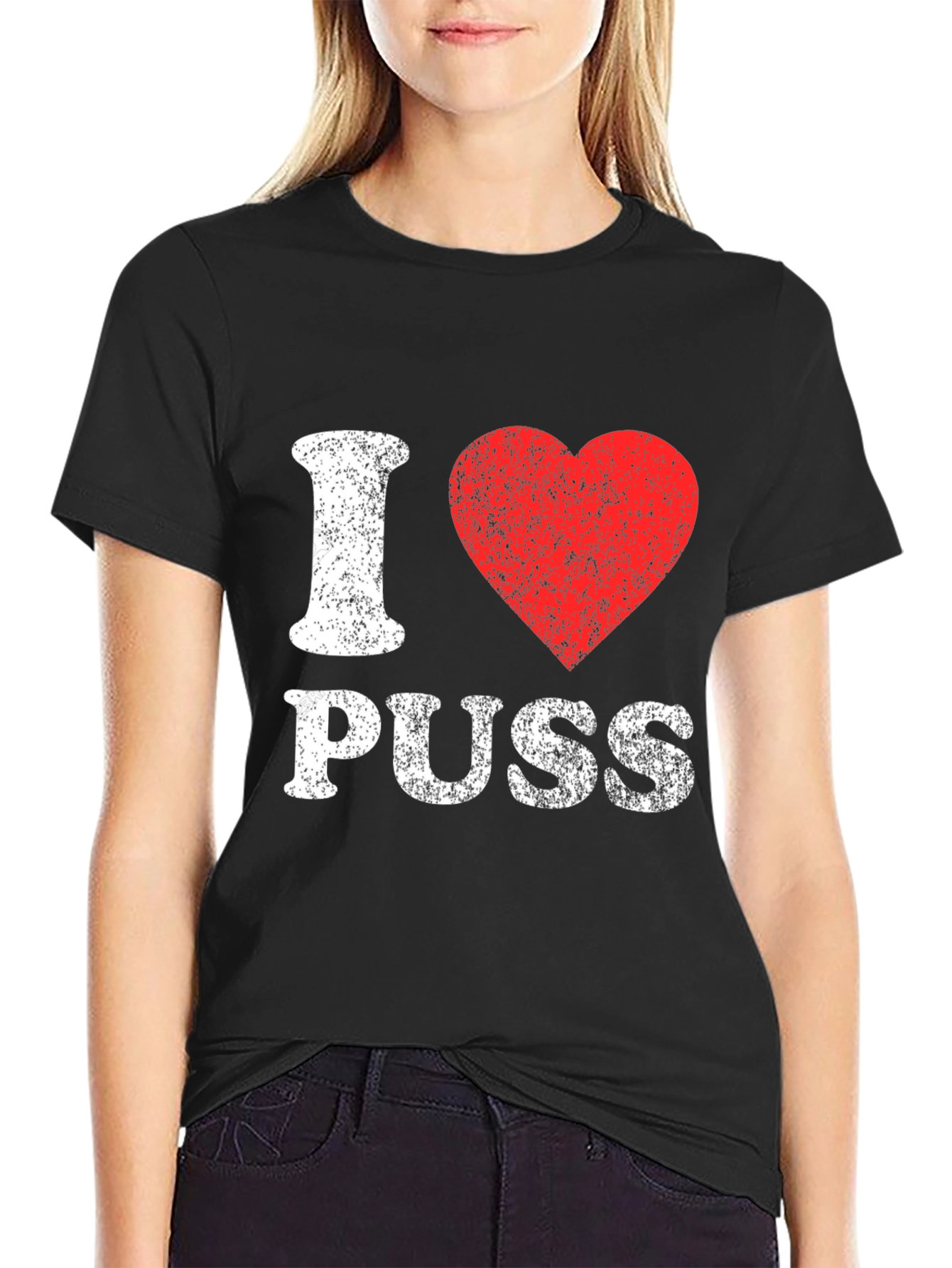 I Love Puss Graphic Tee - Black Cotton T-Shirt