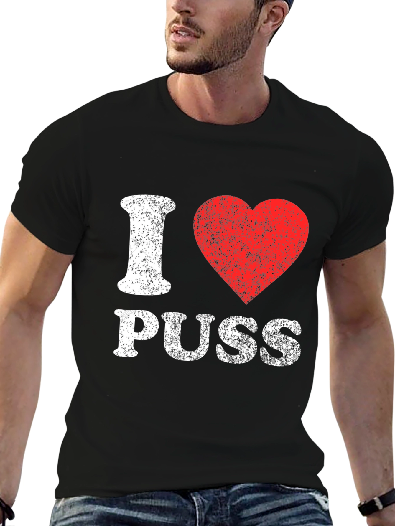 I Love Puss Graphic Tee - Black Cotton T-Shirt