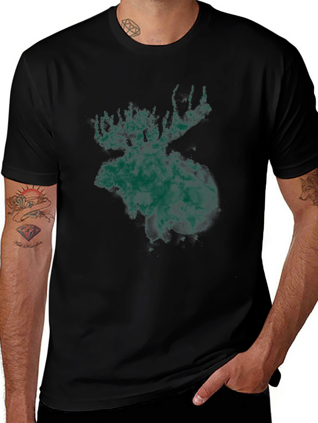 Green Moose Graphic Print Black T-Shirt