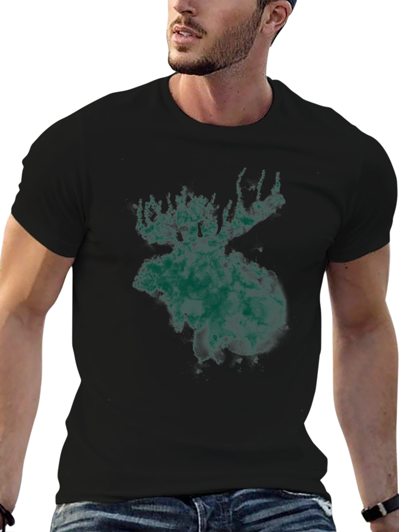 Green Moose Graphic Print Black T-Shirt