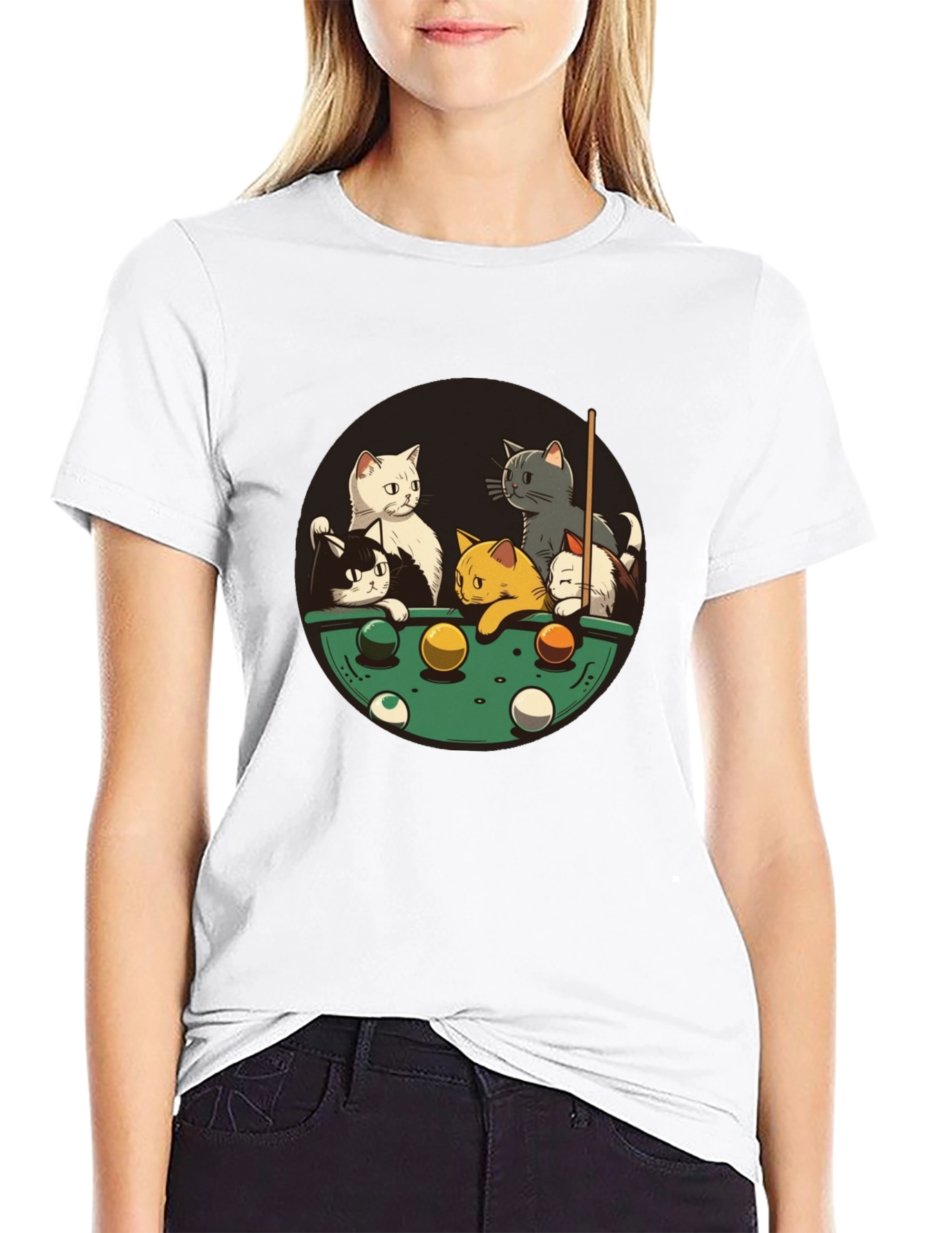 Cats Playing Pool Black T-Shirt
