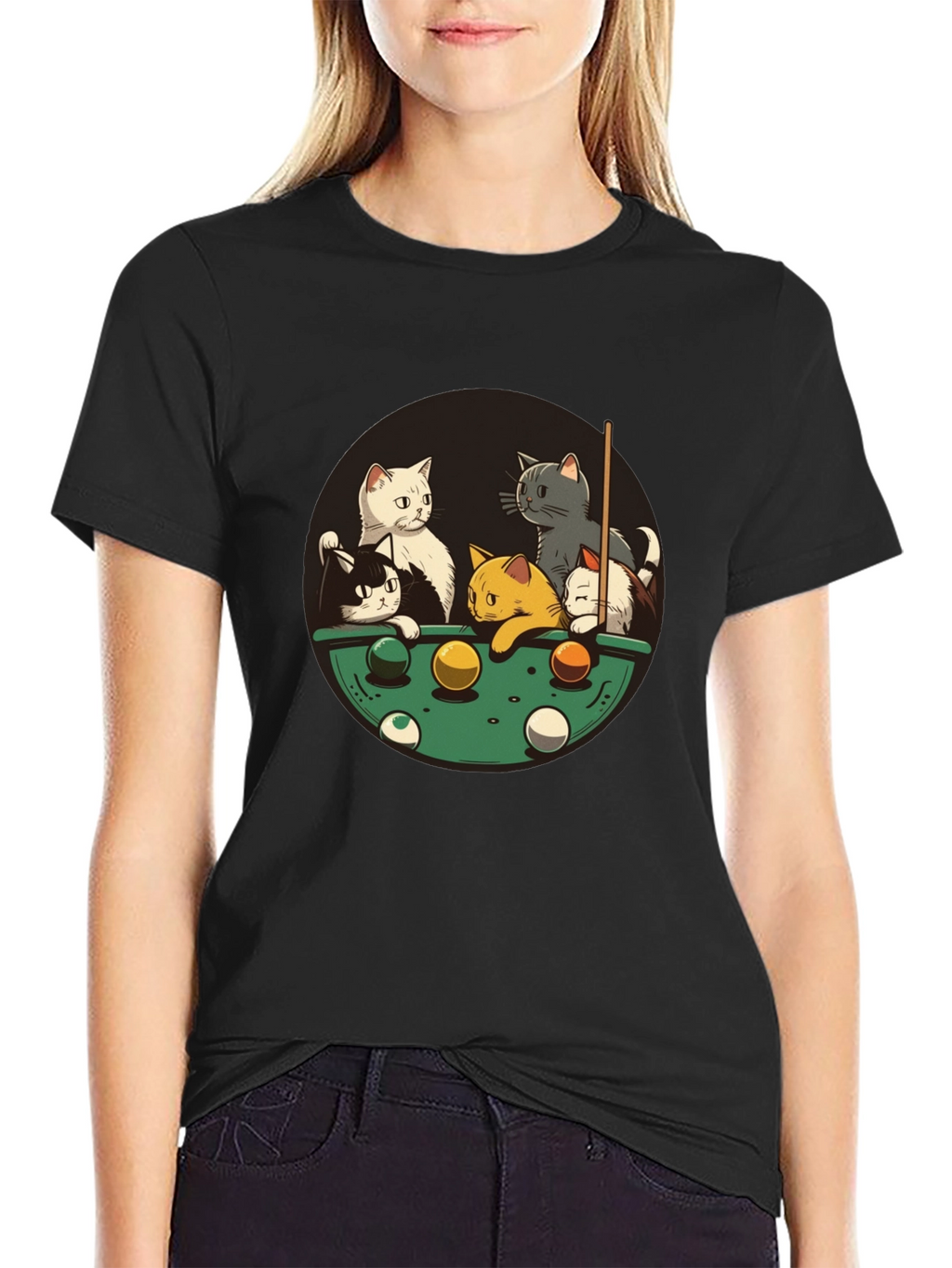 Cats Playing Pool Black T-Shirt