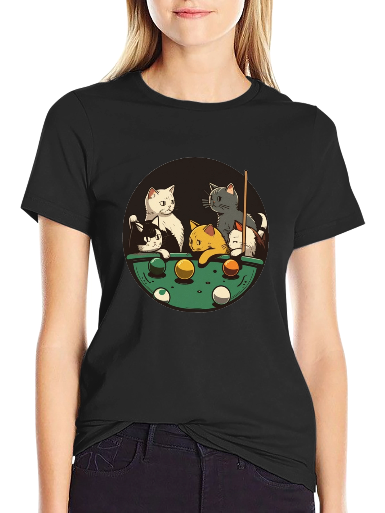 Cats Playing Pool Black T-Shirt
