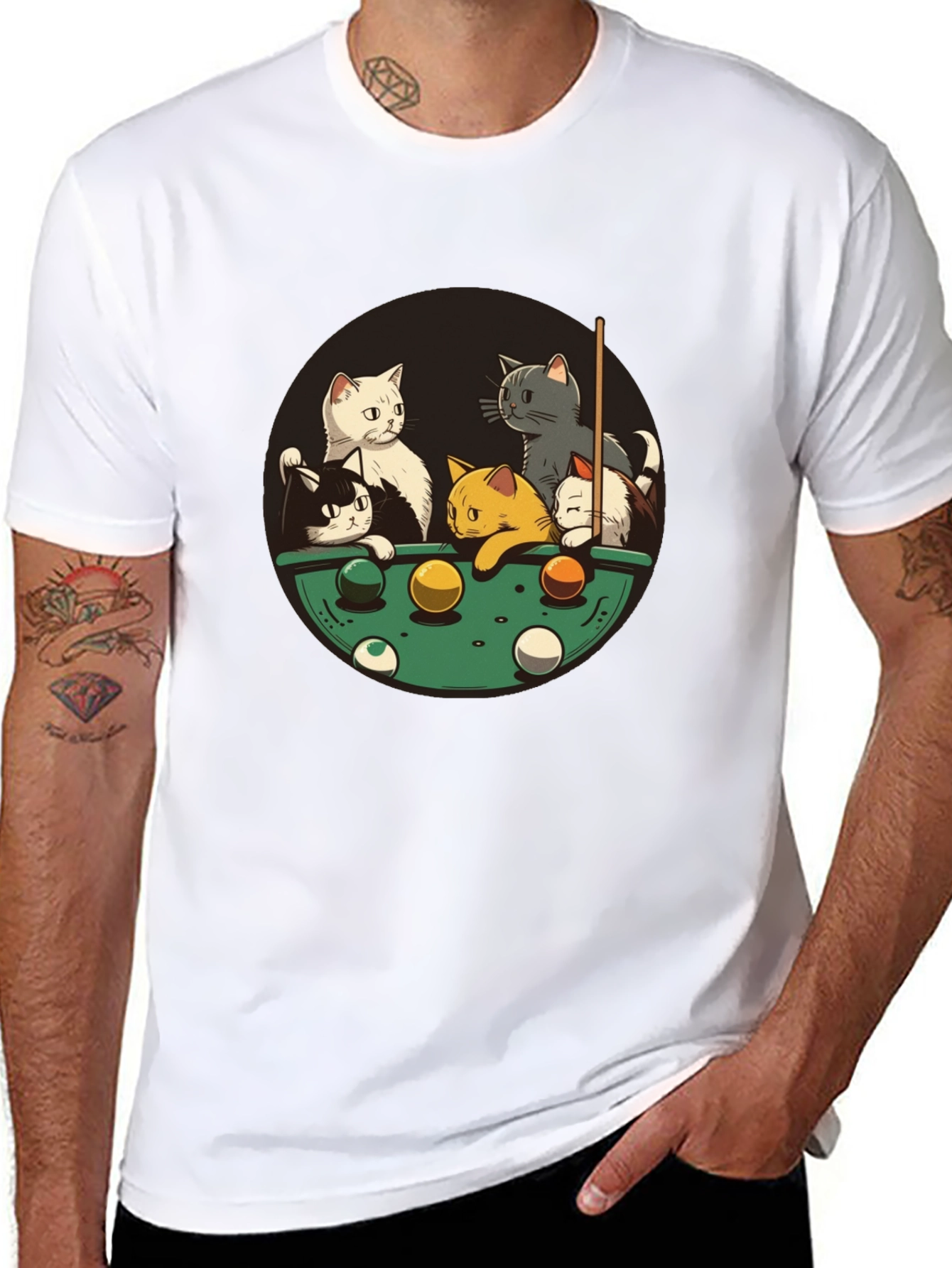 Cats Playing Pool Black T-Shirt