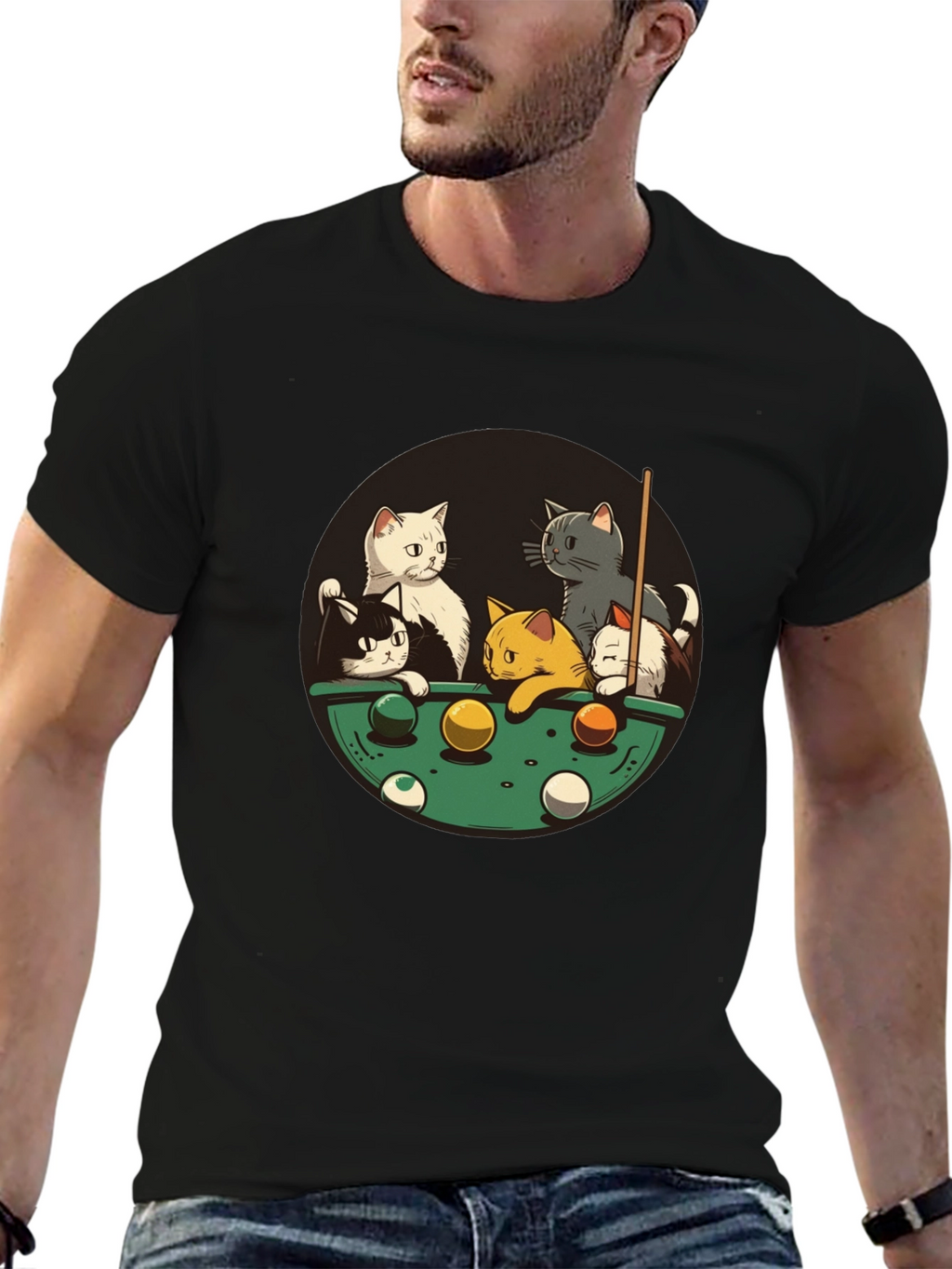 Cats Playing Pool Black T-Shirt