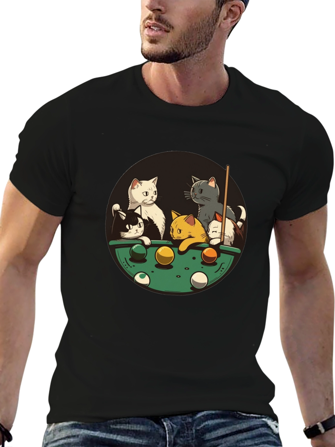 Cats Playing Pool Black T-Shirt