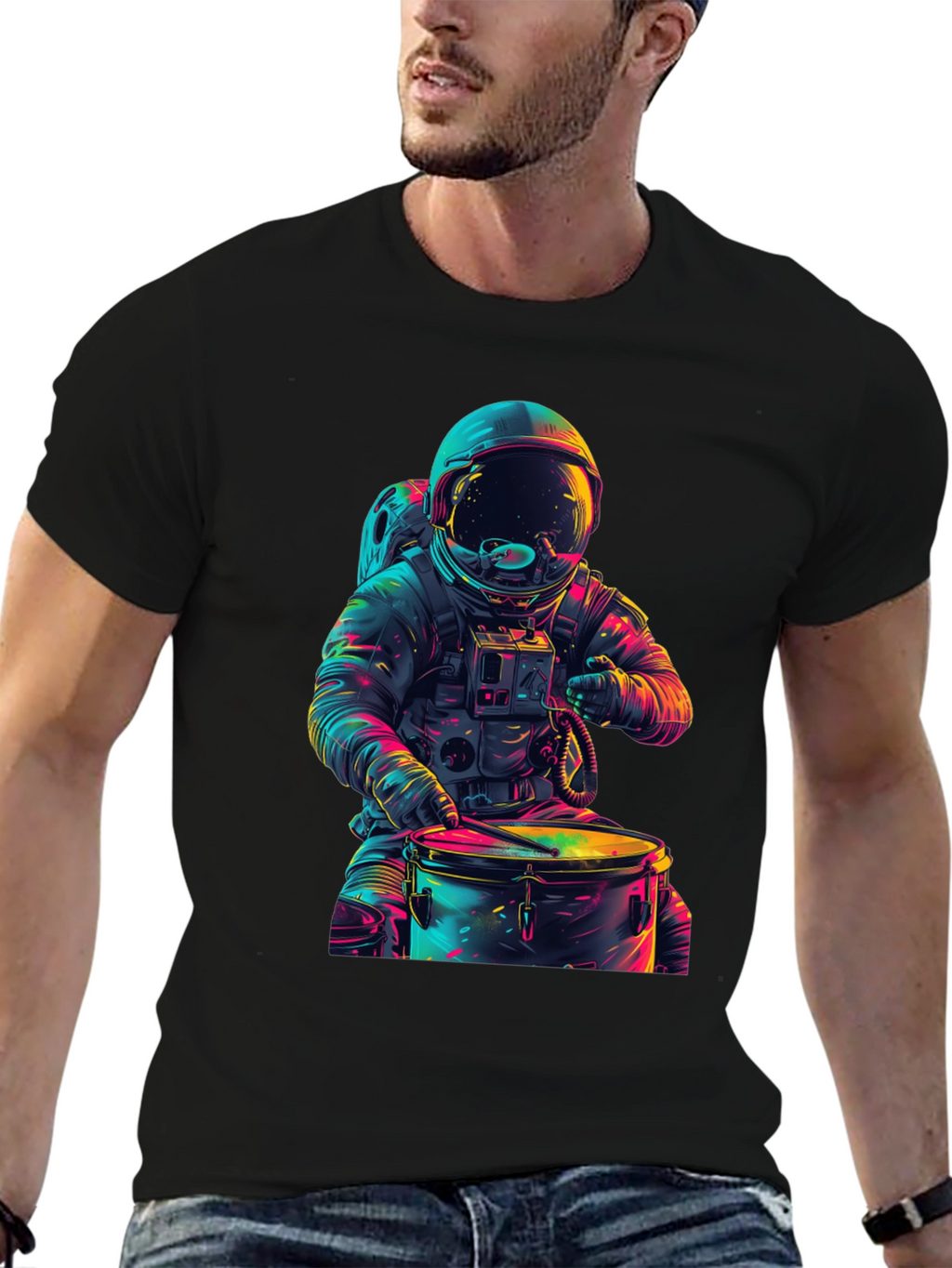 Astronaut Drummer Graphic Tee - Cosmic Beats T-Shirt