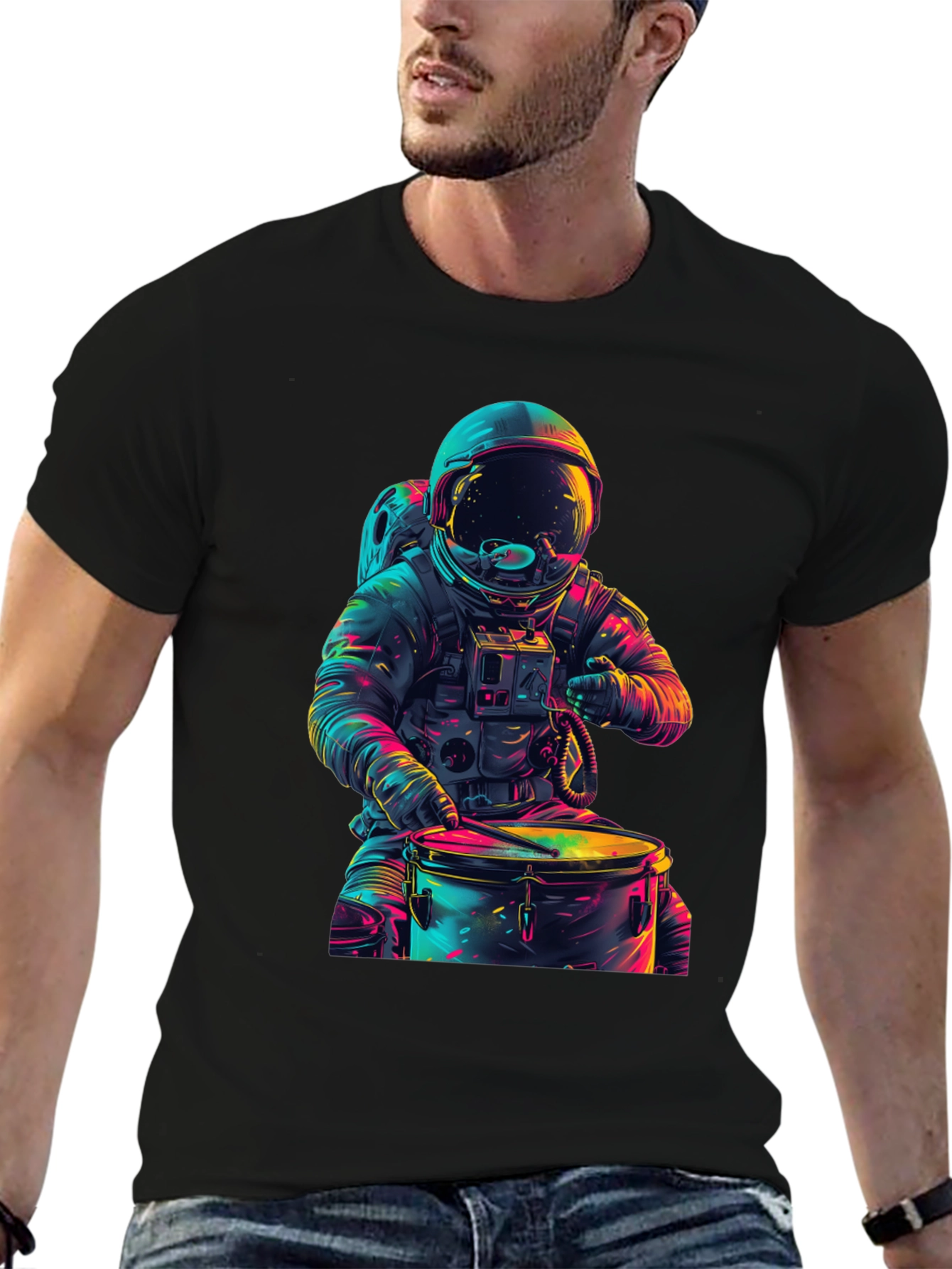 Astronaut Drummer Graphic Tee - Cosmic Beats T-Shirt