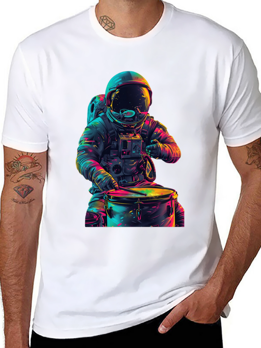 Astronaut Drummer Graphic Tee - Cosmic Beats T-Shirt