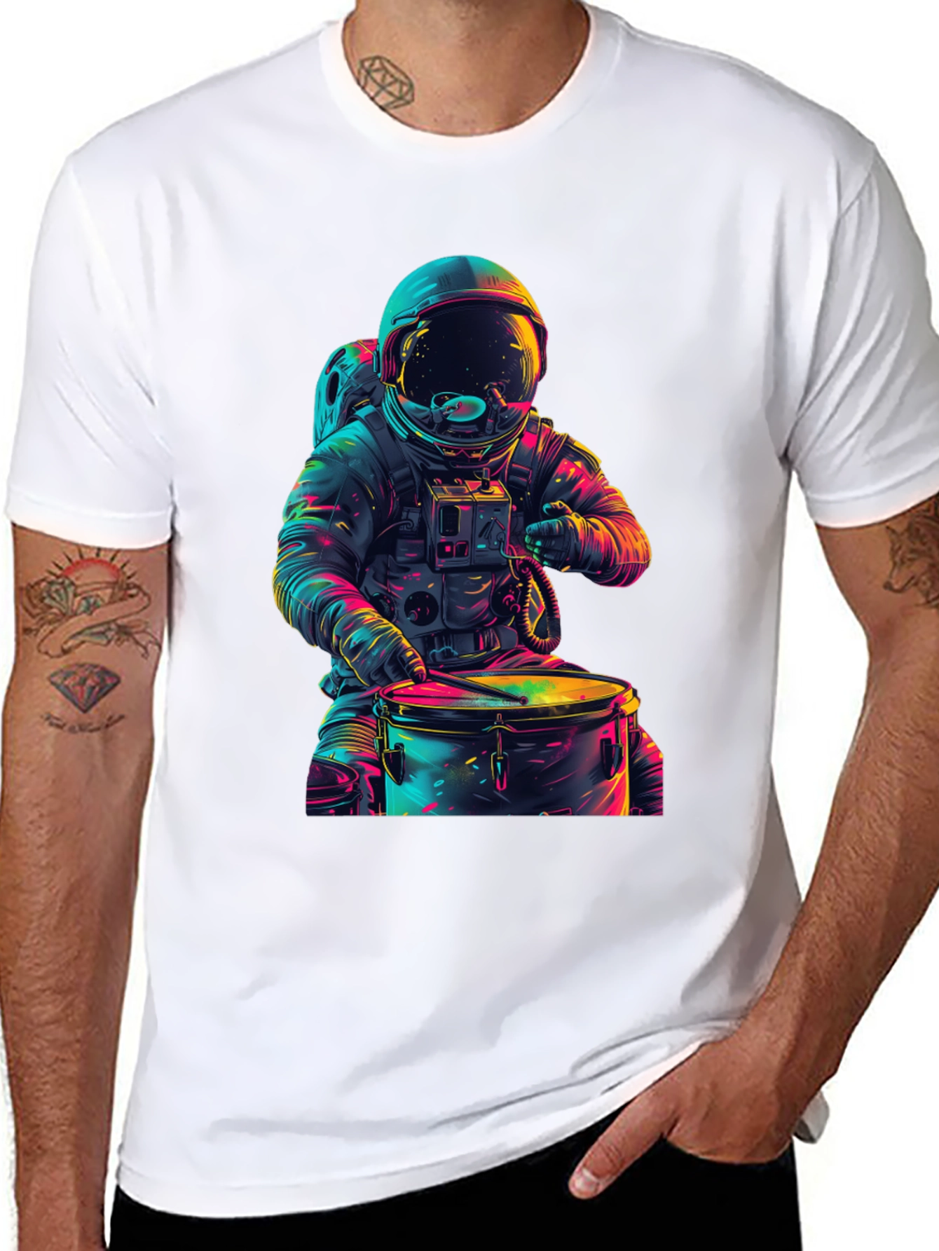 Astronaut Drummer Graphic Tee - Cosmic Beats T-Shirt