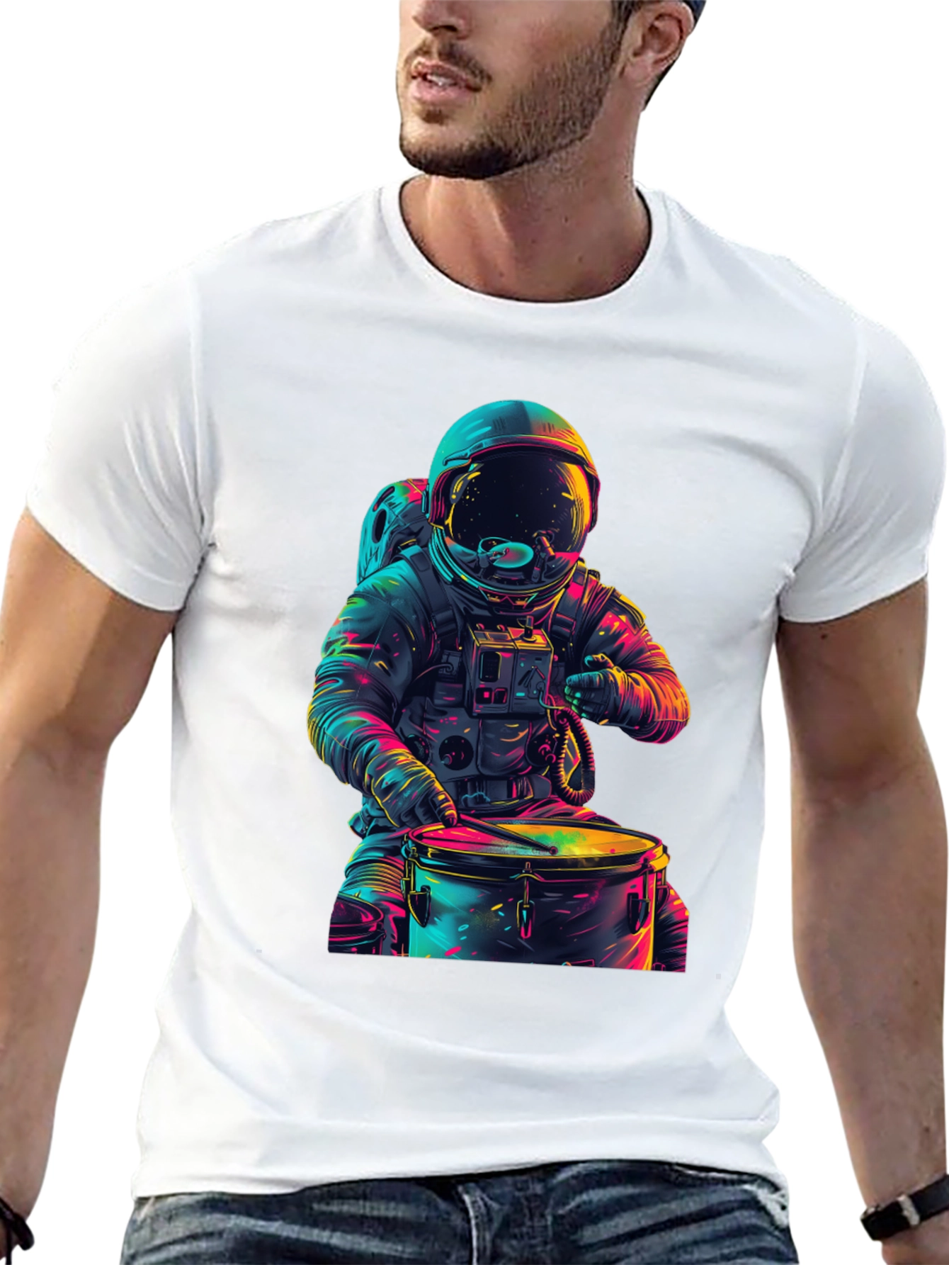 Astronaut Drummer Graphic Tee - Cosmic Beats T-Shirt