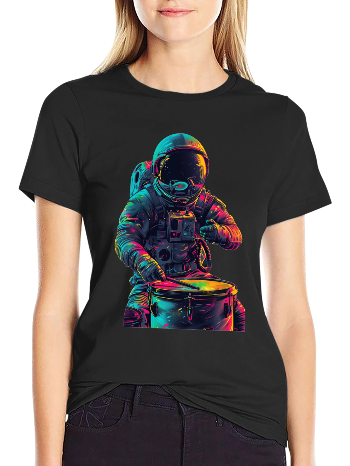 Astronaut Drummer Graphic Tee - Cosmic Beats T-Shirt