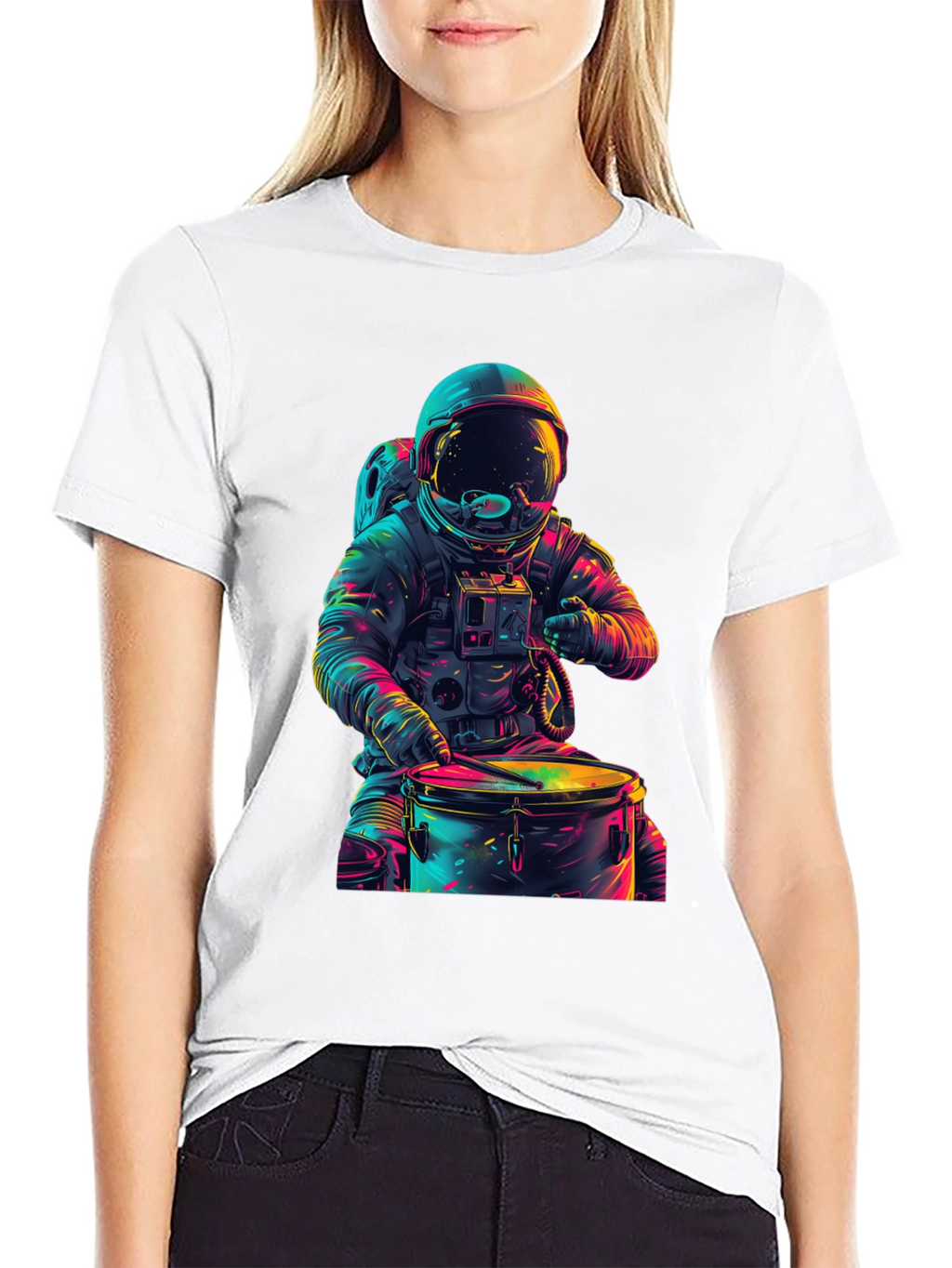 Astronaut Drummer Graphic Tee - Cosmic Beats T-Shirt