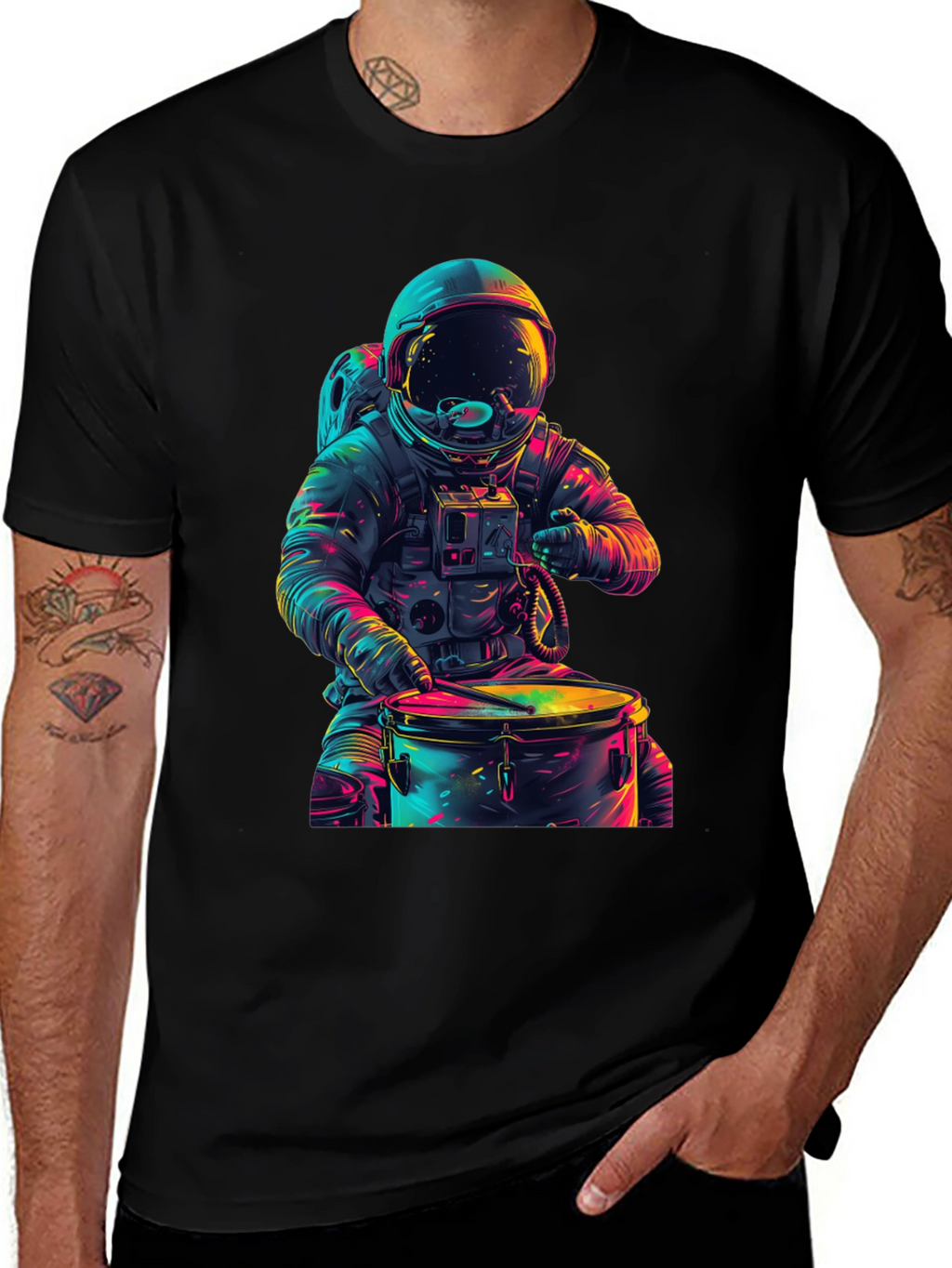 Astronaut Drummer Graphic Tee - Cosmic Beats T-Shirt
