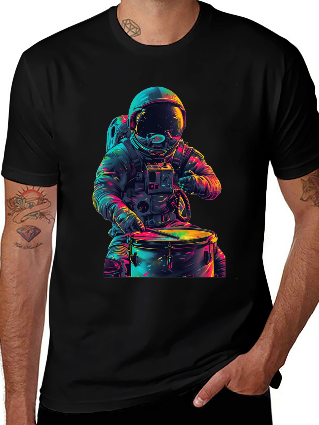 Astronaut Drummer Graphic Tee - Cosmic Beats T-Shirt