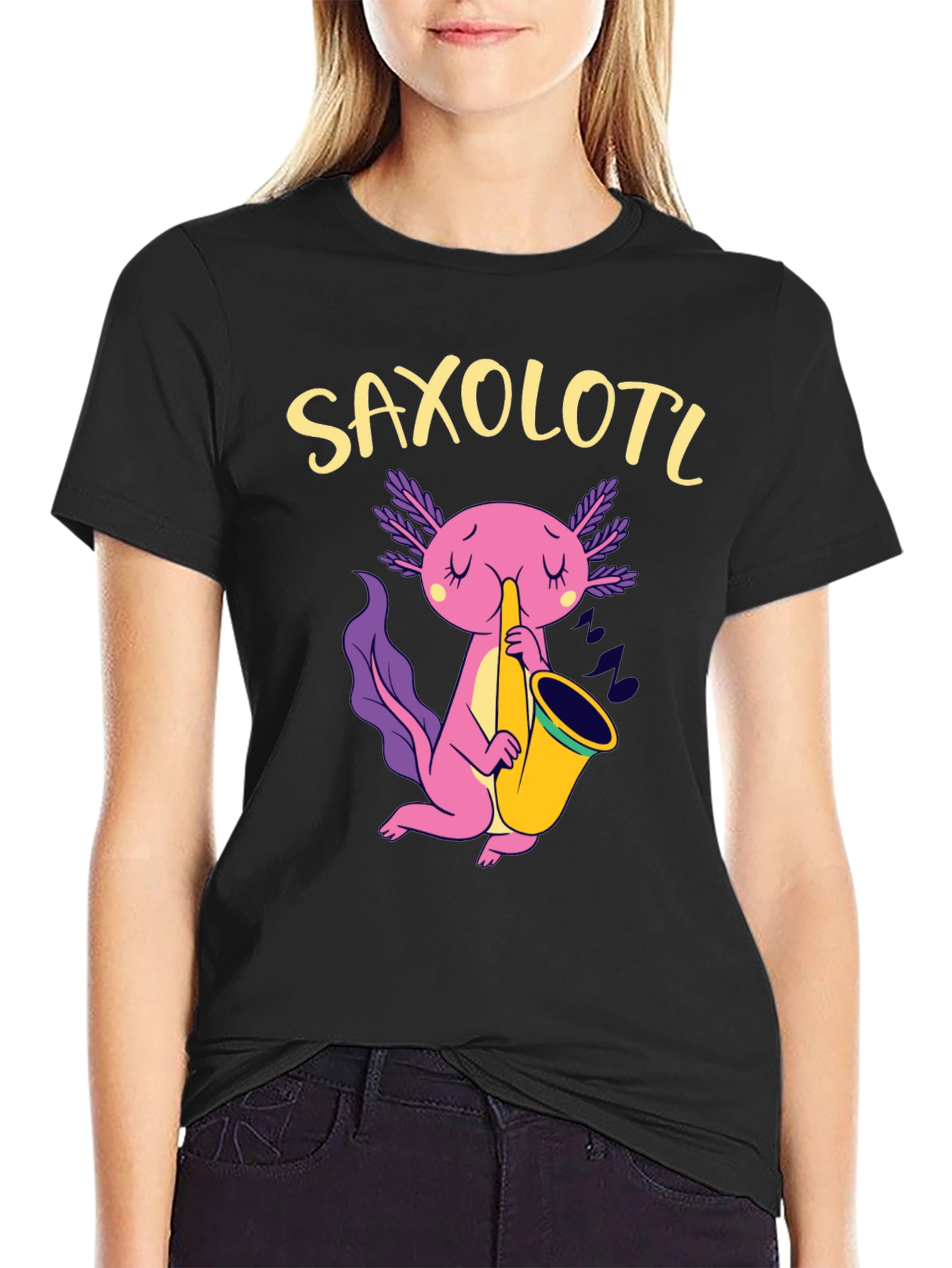 Saxolotl Black T-Shirt - Axolotl Saxophone Player