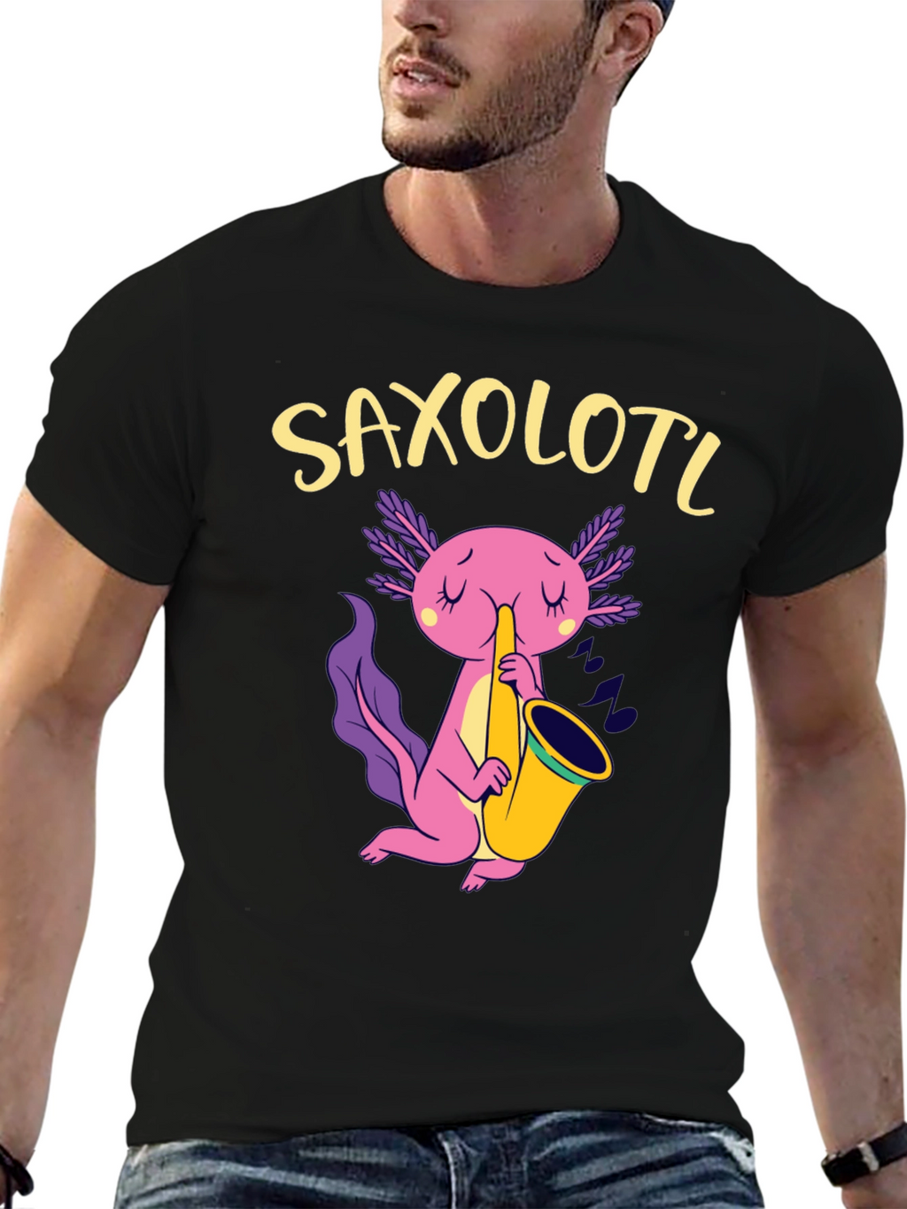 Saxolotl Black T-Shirt - Axolotl Saxophone Player