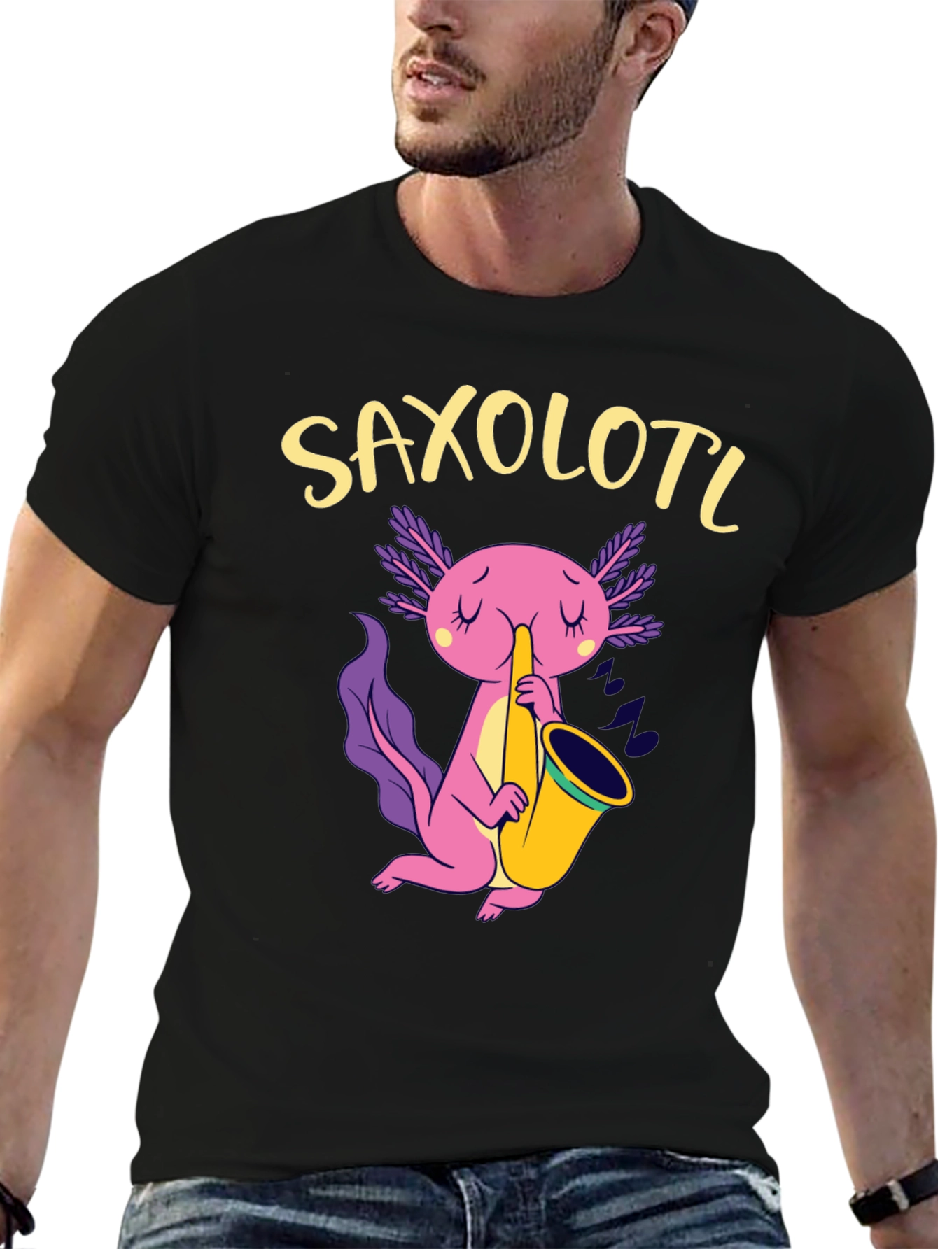 Saxolotl Black T-Shirt - Axolotl Saxophone Player
