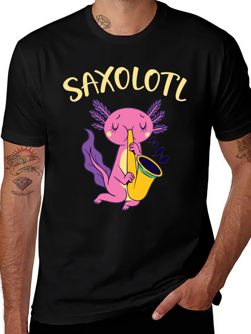 Saxolotl Black T-Shirt - Axolotl Saxophone Player