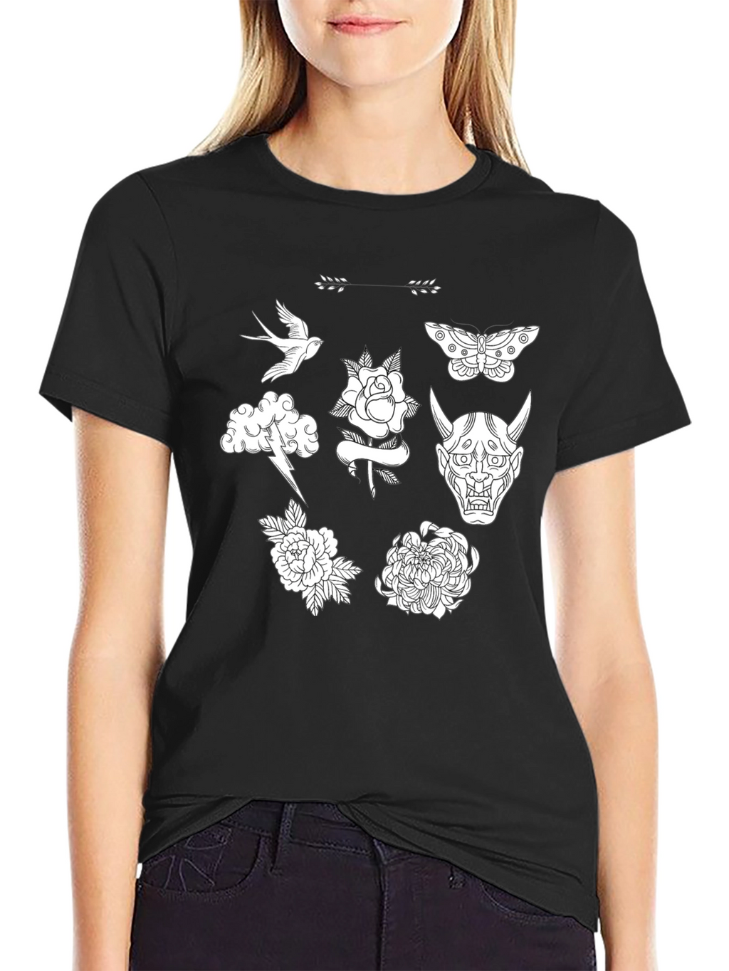 Black Graphic Tee with Tattoo Art