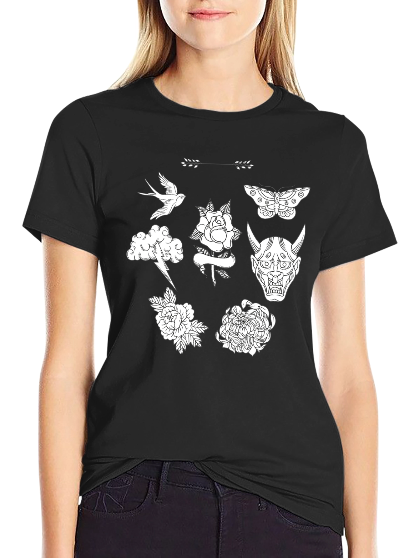 Black Graphic Tee with Tattoo Art
