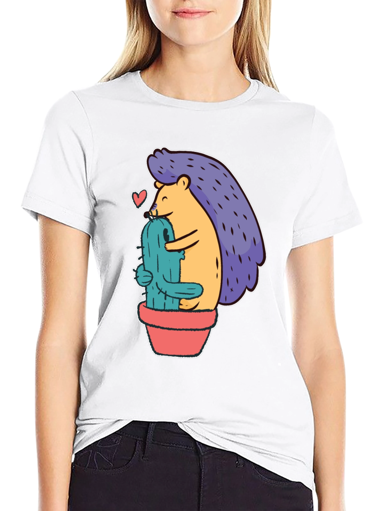 Cute Hedgehog Hugging Cactus Graphic Tee - Unisex