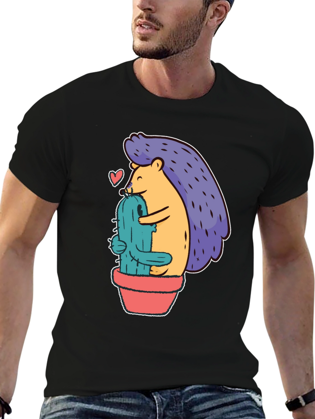 Cute Hedgehog Hugging Cactus Graphic Tee - Unisex