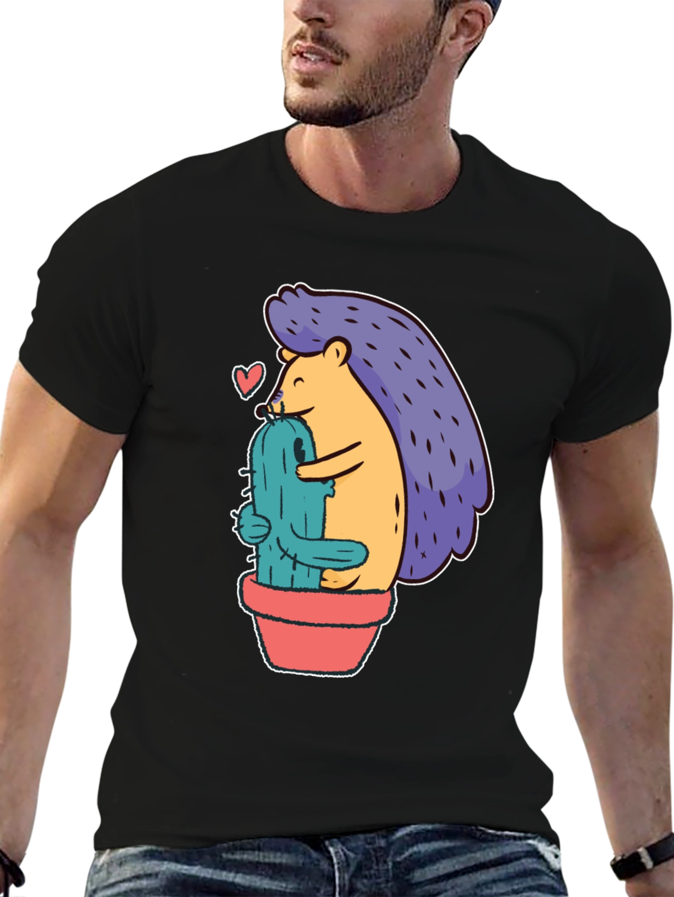 Cute Hedgehog Hugging Cactus Graphic Tee - Unisex