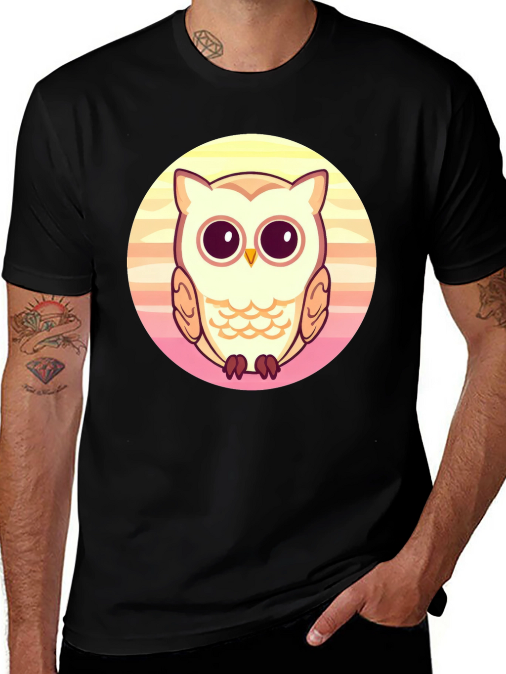 Cute Owl Graphic Print Black T-Shirt