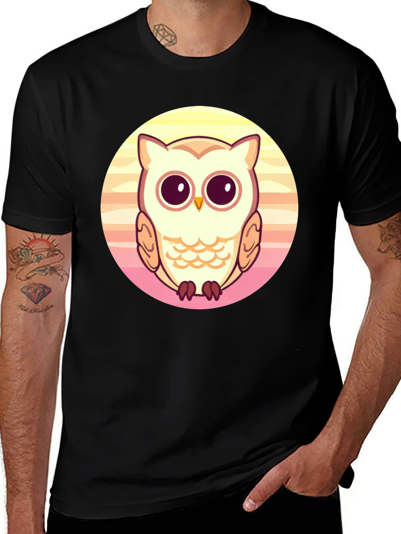 Cute Owl Graphic Print Black T-Shirt