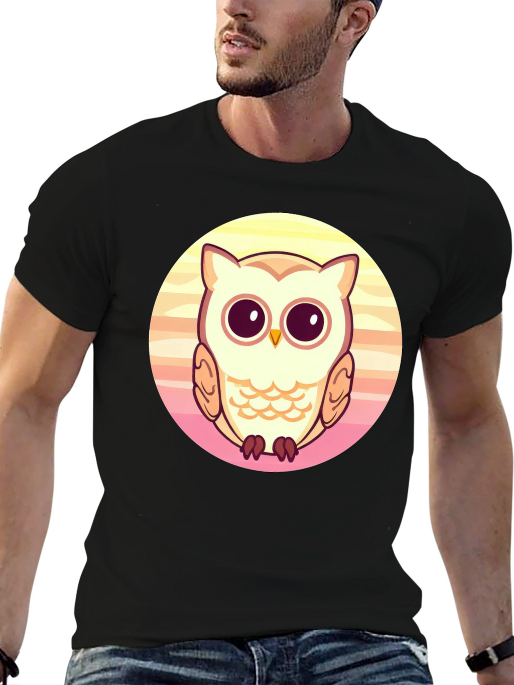 Cute Owl Graphic Print Black T-Shirt