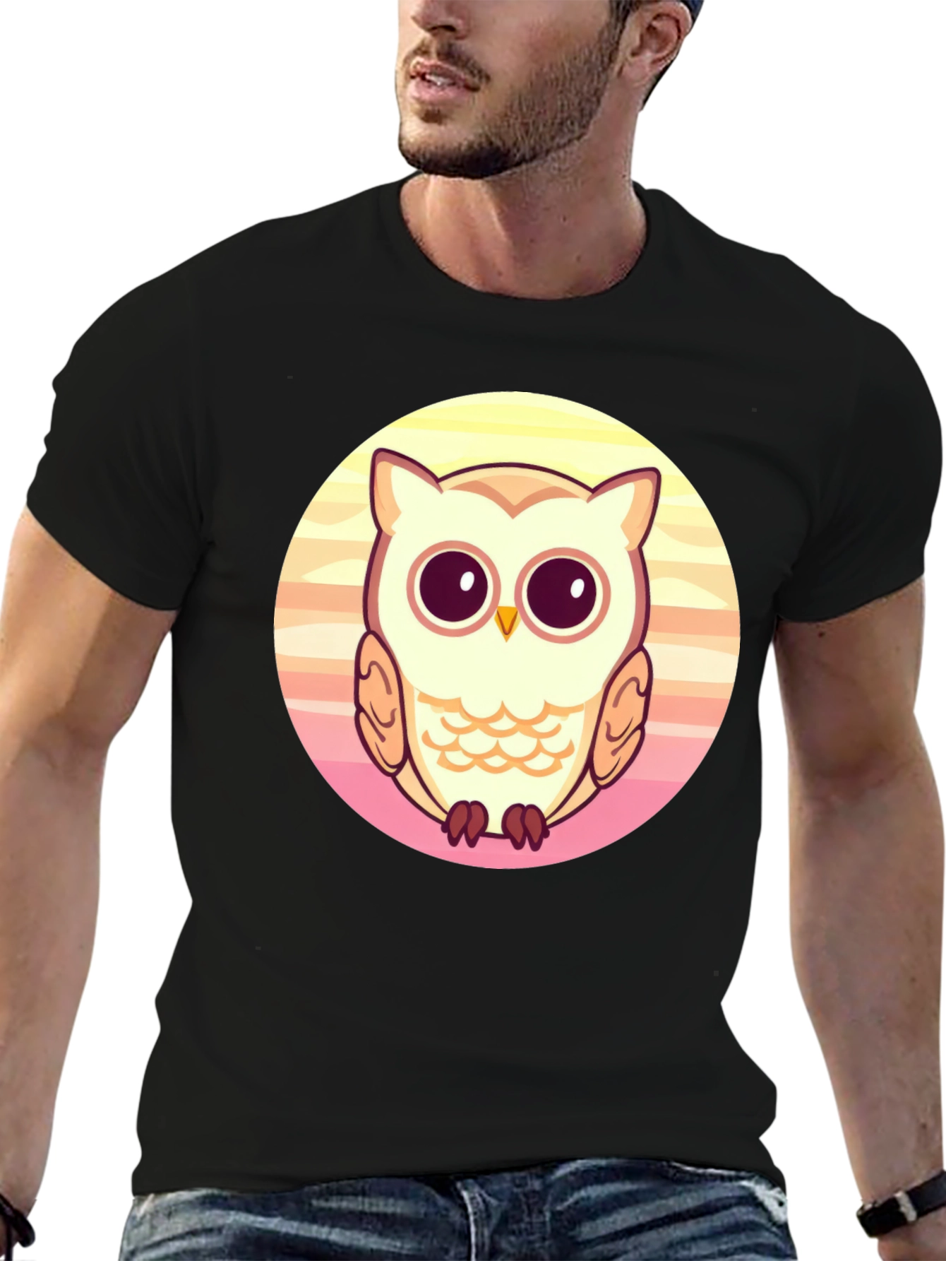 Cute Owl Graphic Print Black T-Shirt