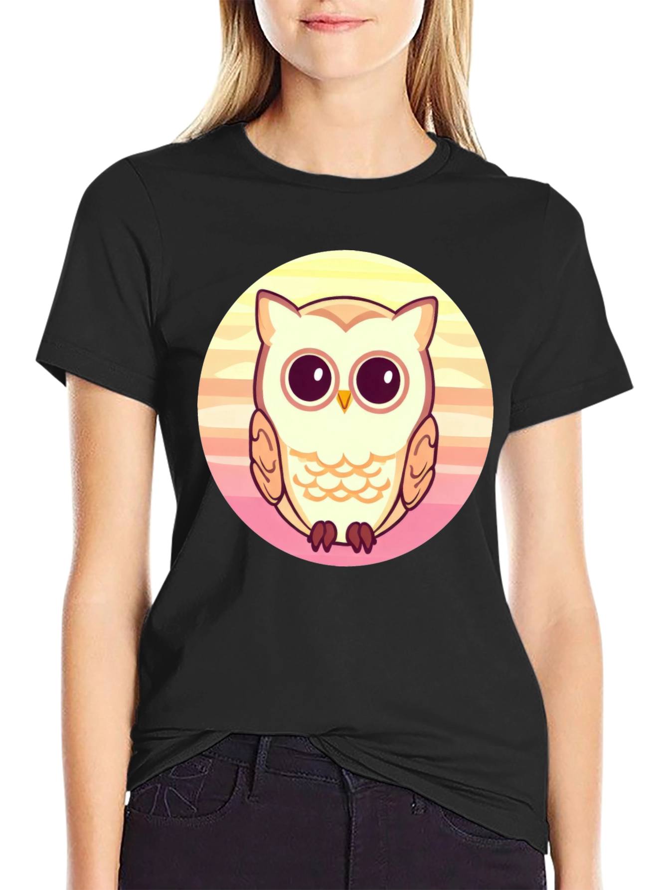 Cute Owl Graphic Print Black T-Shirt
